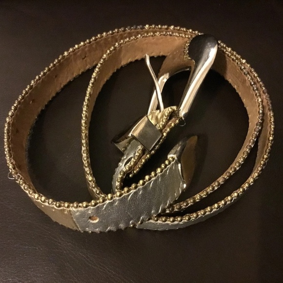 Retro Simon silver and gold leather belt with heavy silver buckle - Picture 2 of 8